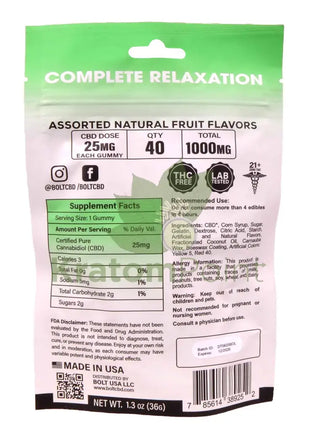 Bolt CBD Gummies 1000mg Assorted Natural Fruit Flavors 40ct CBD