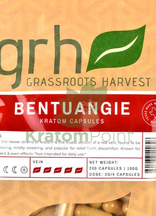 GrassRoots Harvest Kratom Bentuangie, 200 Count Capsules-close up
