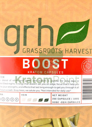 GrassRoots Harvest Kratom Boost, 200 Count Capsules-close up
