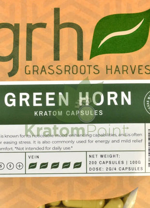 GrassRoots Harvest Kratom Green Horn, 200 Count Capsules-use