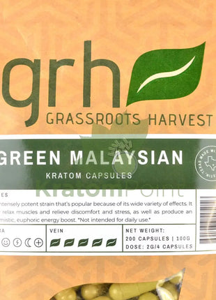 GrassRoots Harvest Kratom Green Malaysian, 200 Count Capsules-closeup