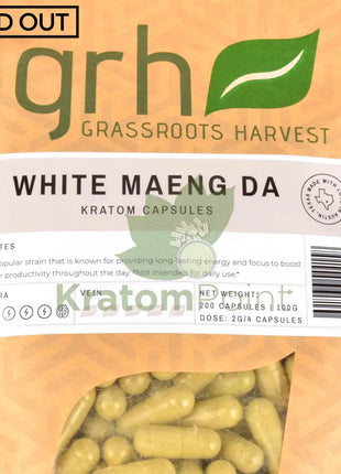 Grassroots Harvest Kratom White Maeng Da 200 Count Capsules