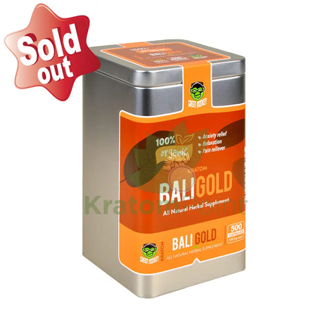 Green Monkey Bali Gold Kratom 500 count capsules, metal tin