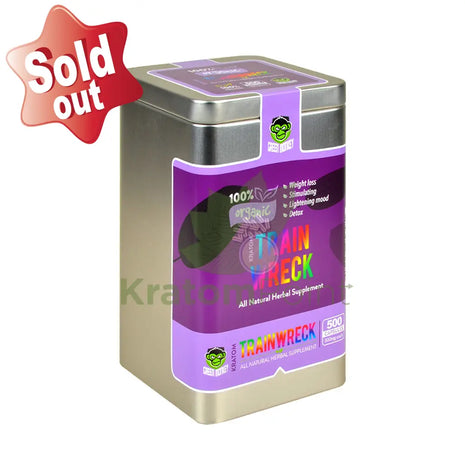 Green Monkey TrainWreck Kratom 500 count capsules, metal tin