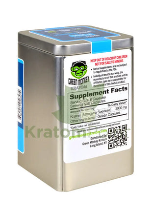 Green Monkey White Maeng Da Kratom 500 count capsules, metal tin-back
