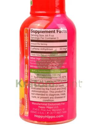 Happy Hippo Kratom Energy Shot 150mg Fruit Punch Party 2 fl oz