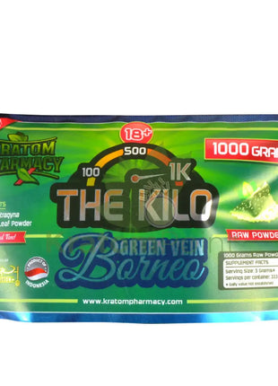 Kratom Pharmacy Powder Green Vein Borneo 1kg bag-label