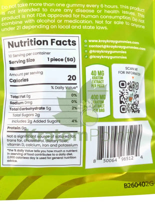Kray Kray Sours Green Apple Kratom Gummies 40mg 10ct