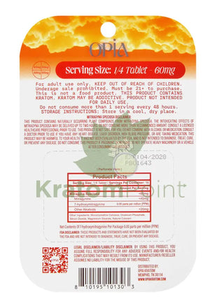 Opia High Potency Classic Mitragynine Tablets 240mg 4 tablets - kratom extract
