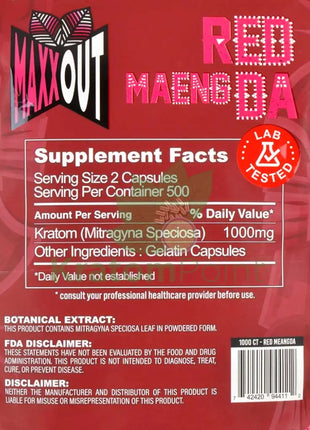 Pain Out (Maxx Out) Kratom Capsules 1000Ct Red Maeng Da Pain Out