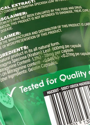 Pain Out (Maxx Out) Kratom Capsules 500Ct Green Maeng Da Pain Out